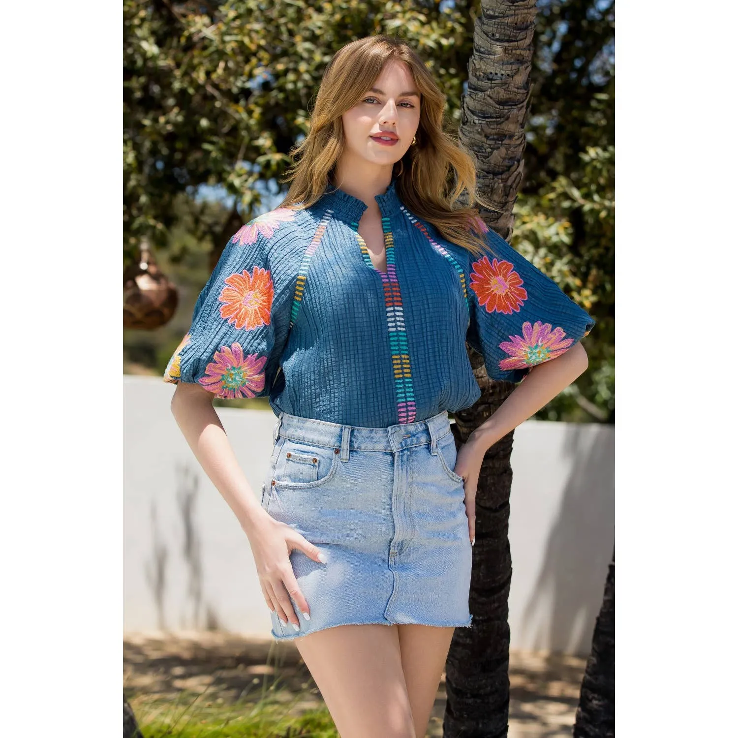 Blue and Floral Embroidered Puff Sleeve Top