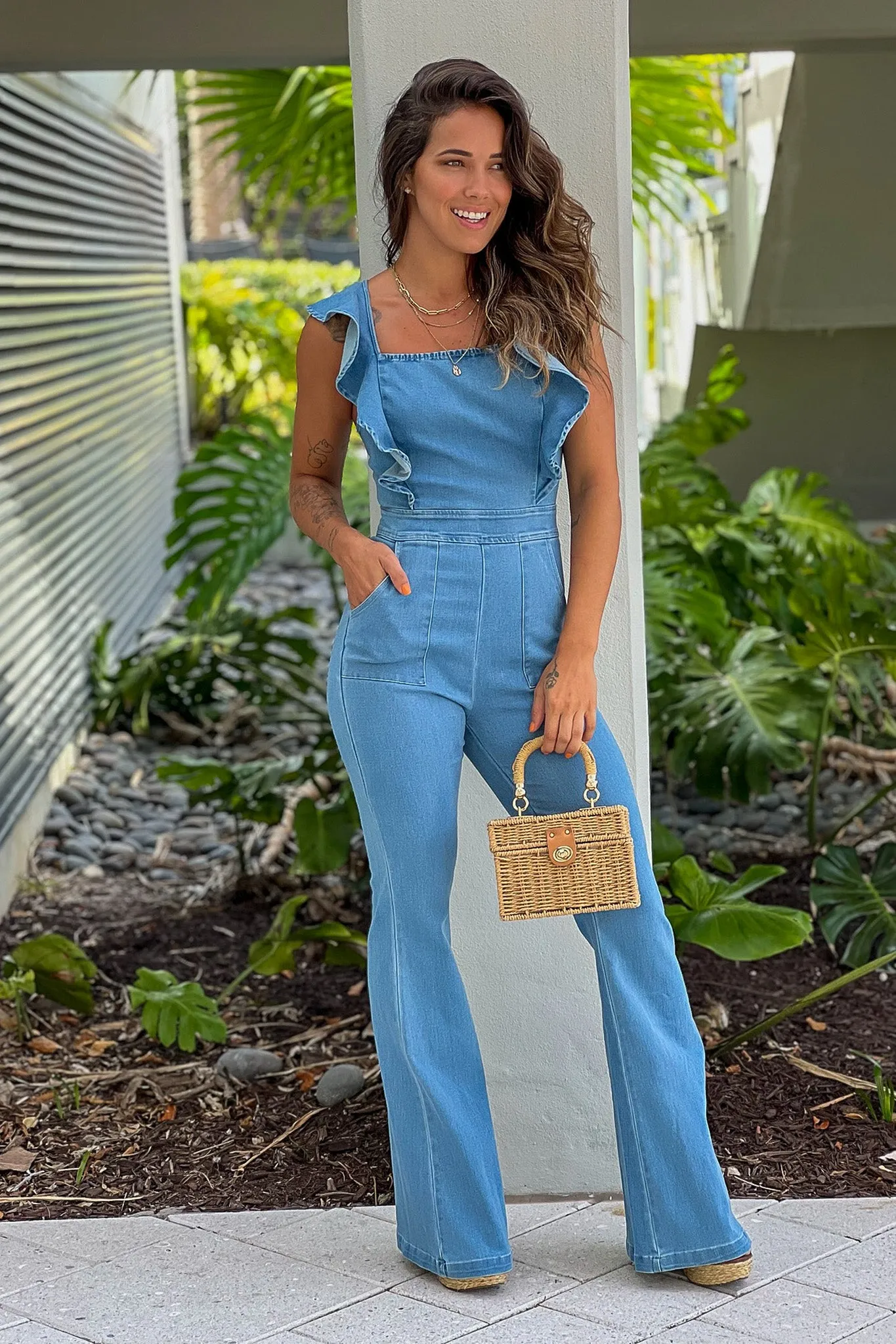 Denim Ruffle Jumpsuit