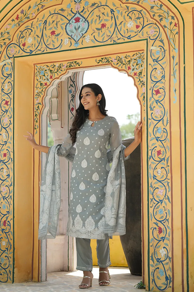 Grey Poly Chanderi Ethnic Motifs Straight Suit Set