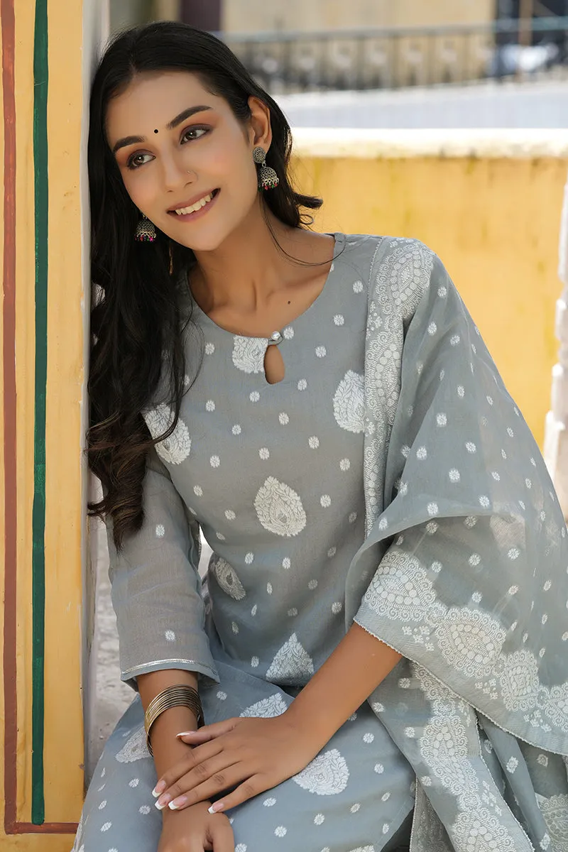 Grey Poly Chanderi Ethnic Motifs Straight Suit Set