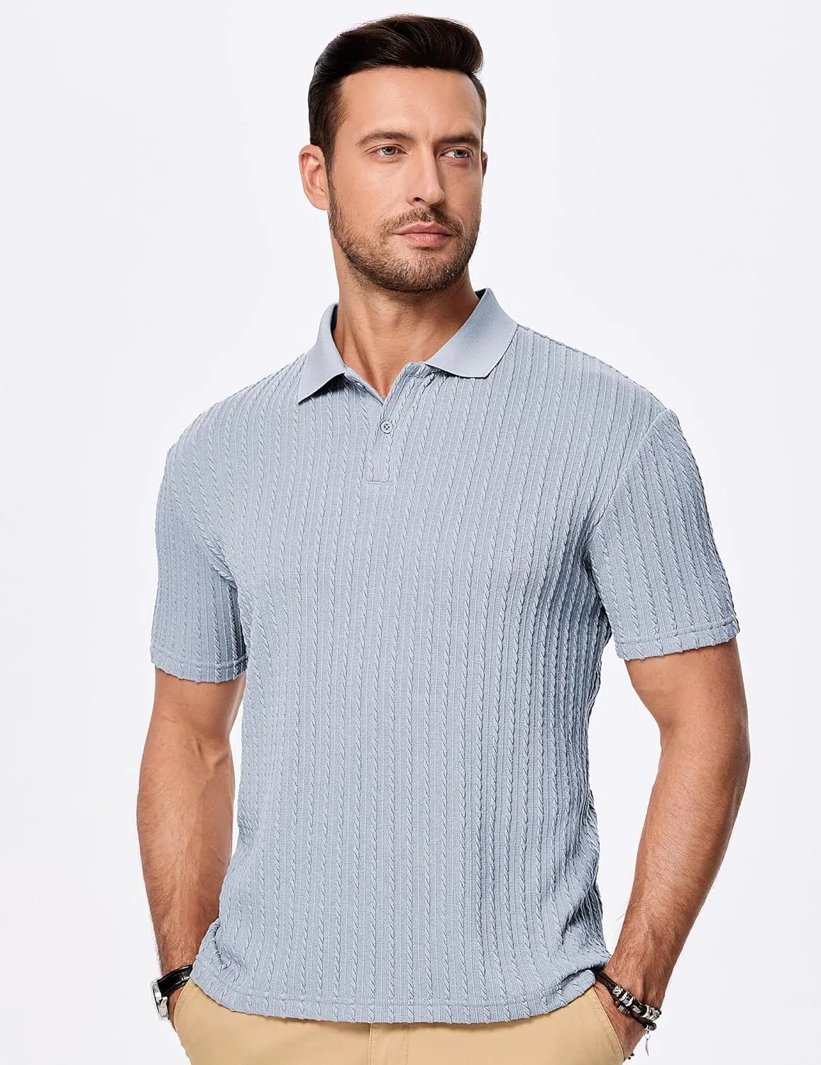 JMIERR Mens Casual Polo Shirt Summer Short Sleeve Vacation Button Beach Knit Stretchy Golf Shirts