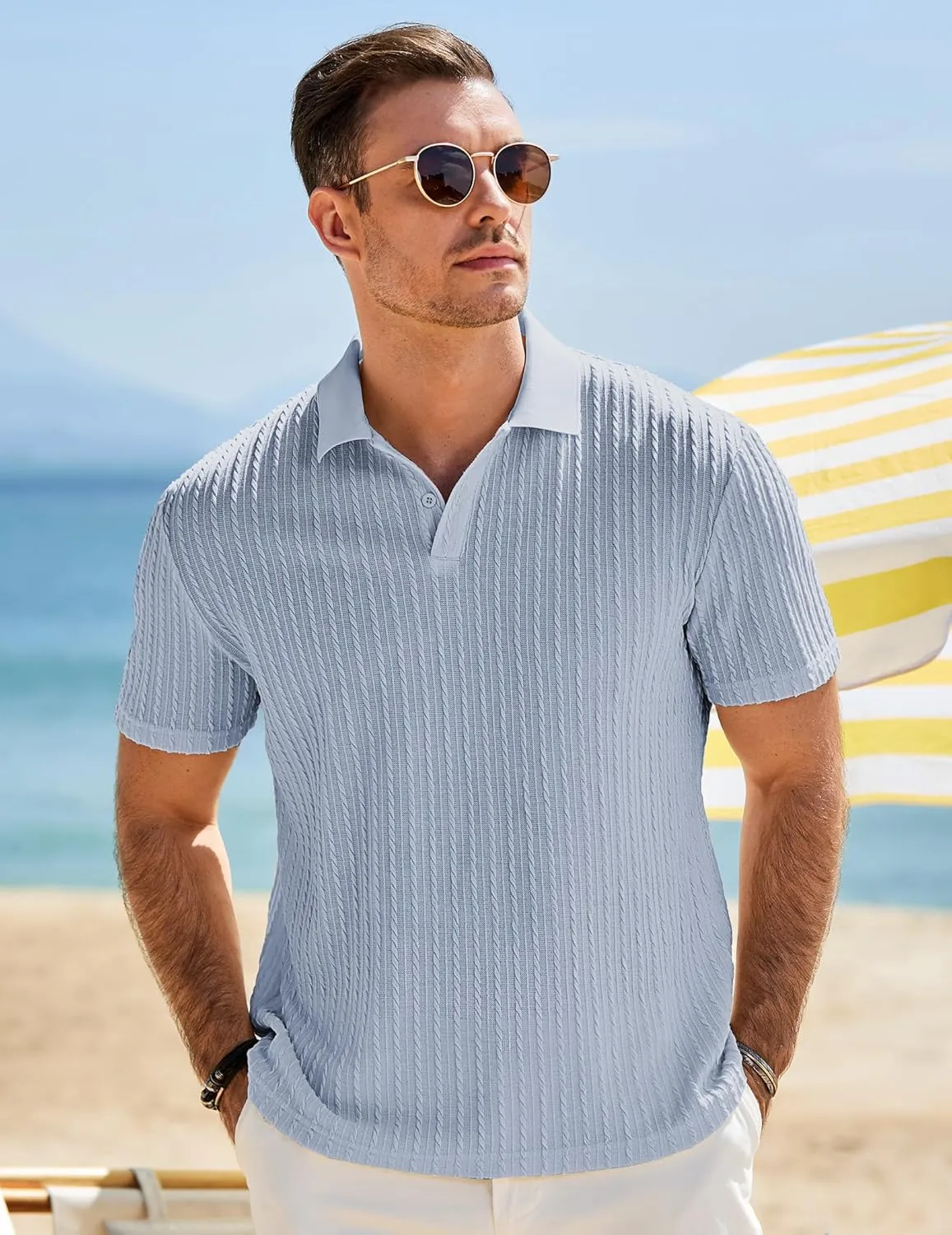 JMIERR Mens Casual Polo Shirt Summer Short Sleeve Vacation Button Beach Knit Stretchy Golf Shirts