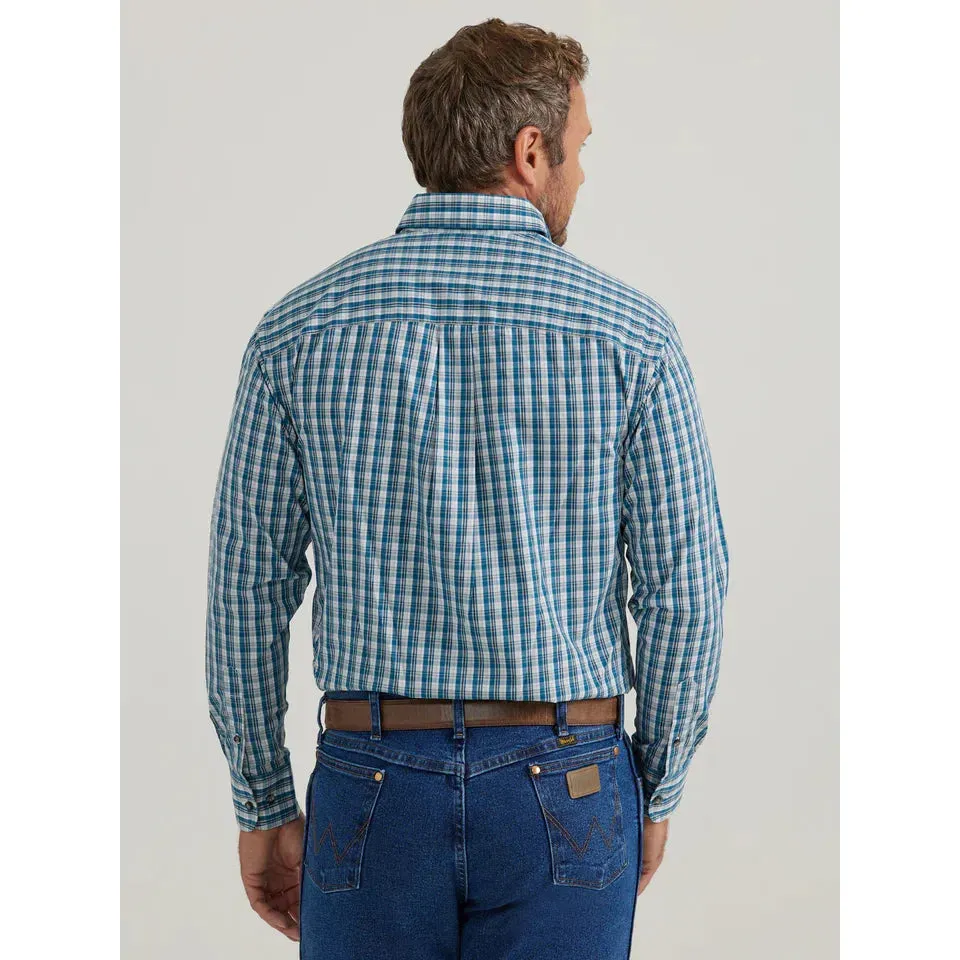 MEN'S WRANGLER RELAXED FIT BUTTON DOWN SHIRT IN NAVY TURQUOISE PLAID