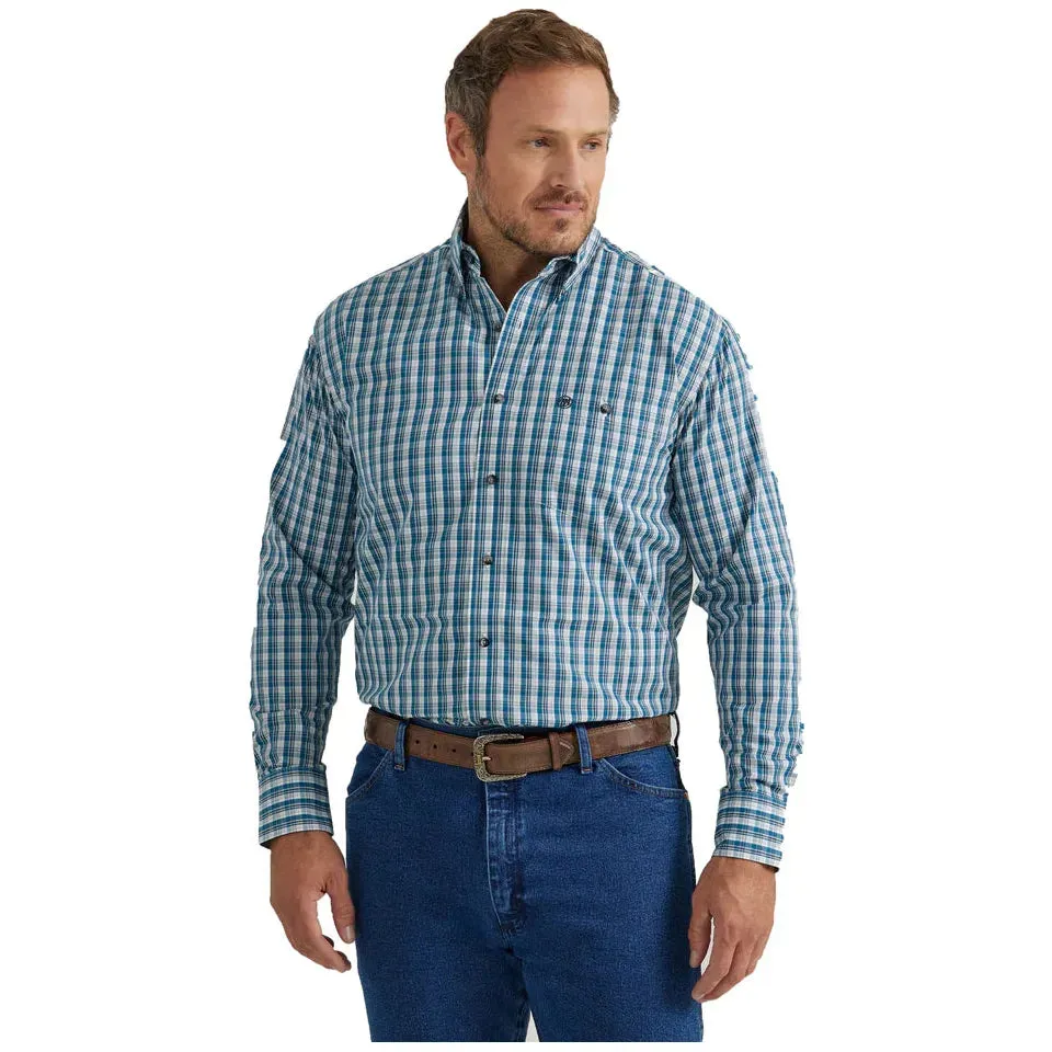 MEN'S WRANGLER RELAXED FIT BUTTON DOWN SHIRT IN NAVY TURQUOISE PLAID