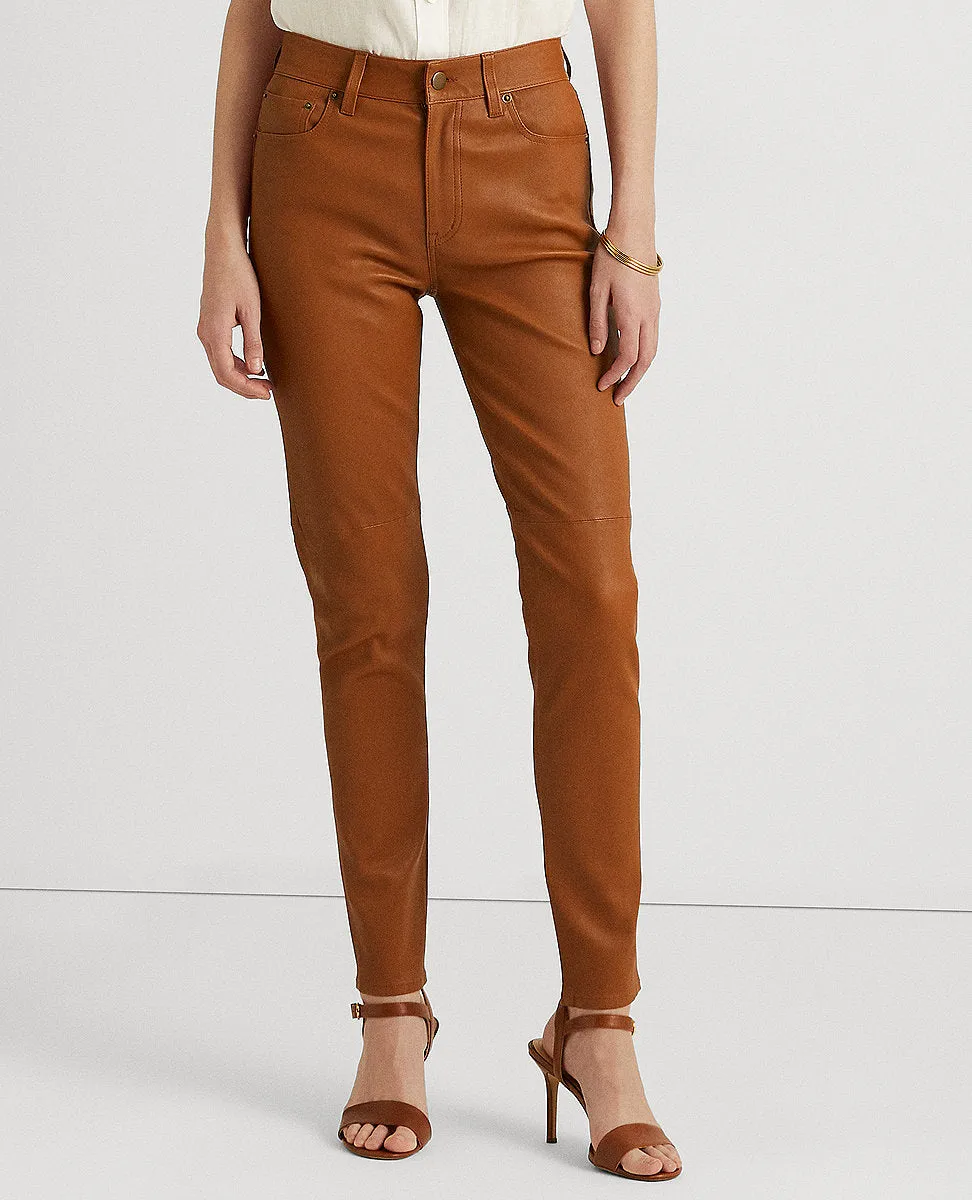 Nappa Leather High-Rise Skinny Ankle Pant In Brown