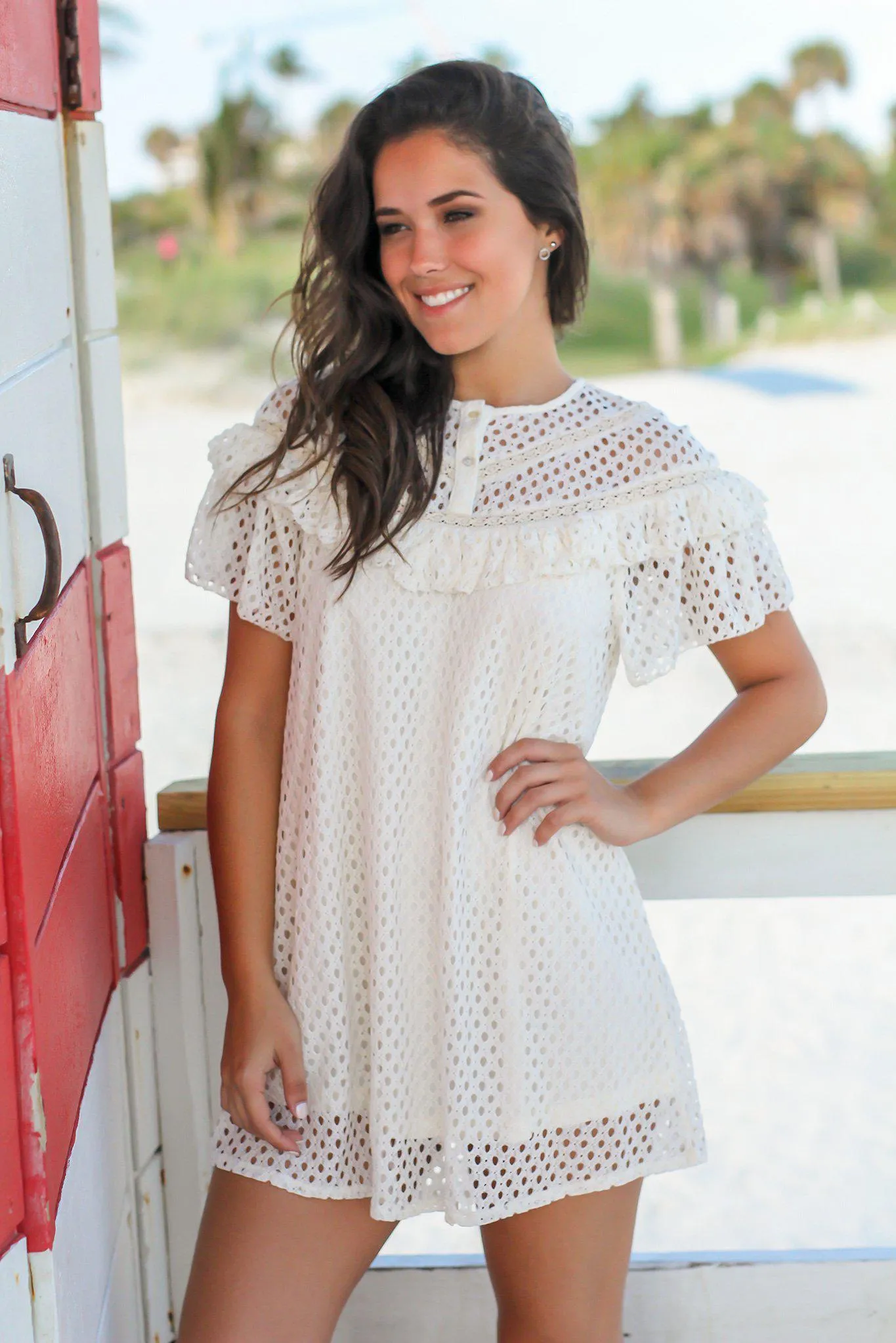 Natural Short Dress with Ruffles