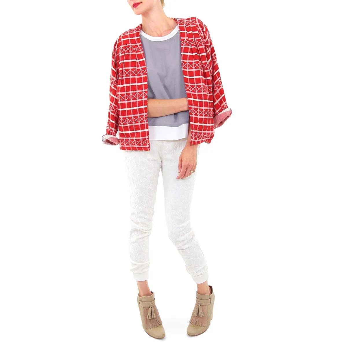 Red and White Grid Print Cardigan