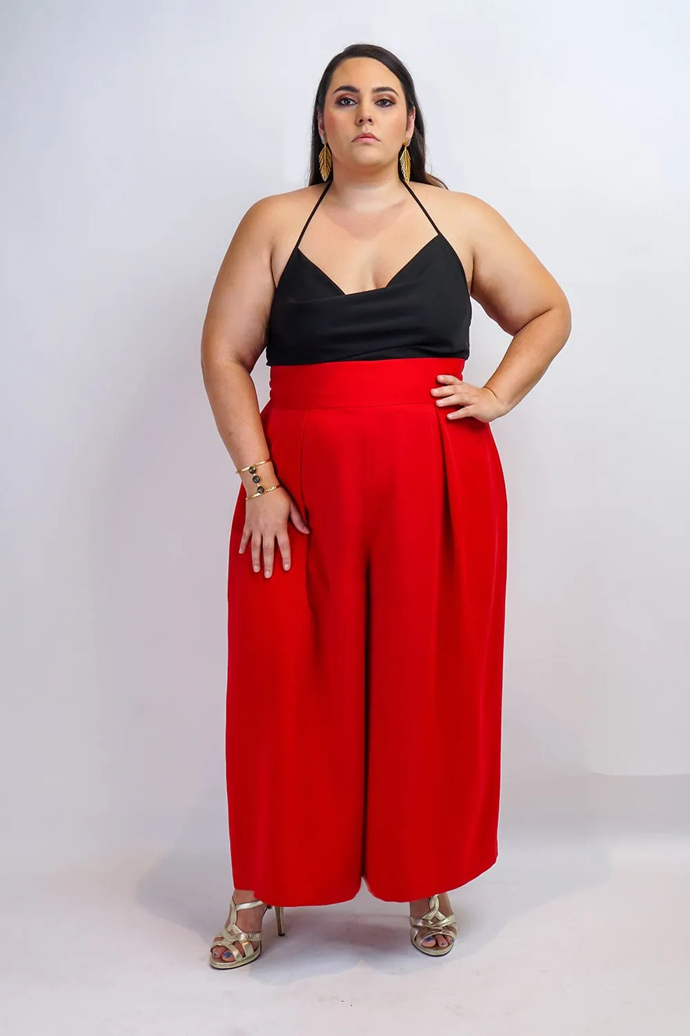 Red Pleated High Waist Wide Leg Kira Pants