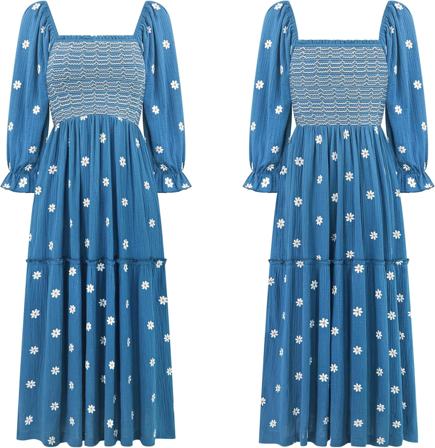 R.Vivimos Women's Long Sleeve Cotton Boho Midi Dress Vintage Square Neck Floral Embroidered Tiered Ruffle Flowy Pockets Dress