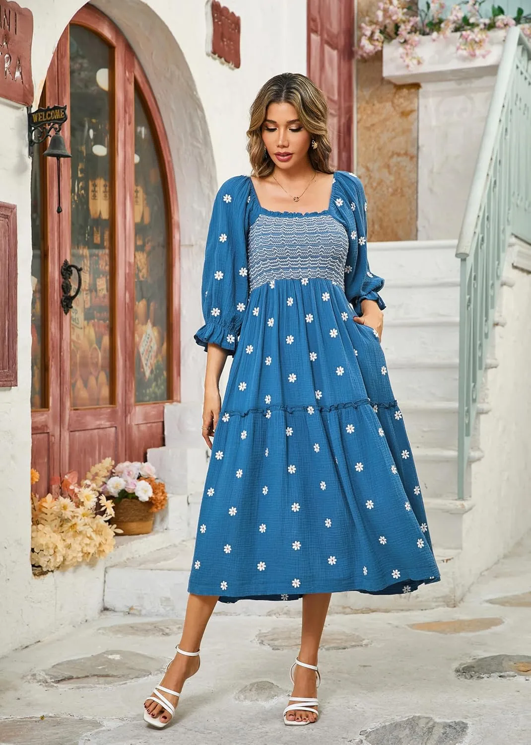 R.Vivimos Women's Long Sleeve Cotton Boho Midi Dress Vintage Square Neck Floral Embroidered Tiered Ruffle Flowy Pockets Dress