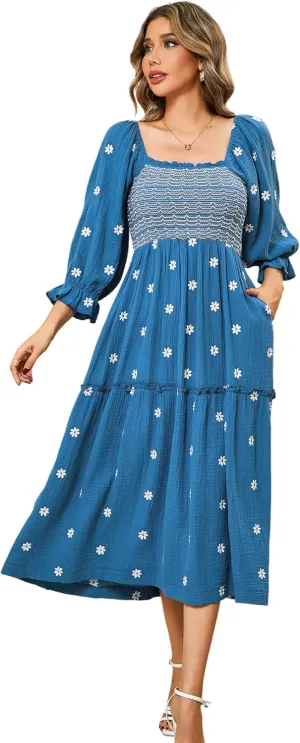R.Vivimos Women's Long Sleeve Cotton Boho Midi Dress Vintage Square Neck Floral Embroidered Tiered Ruffle Flowy Pockets Dress