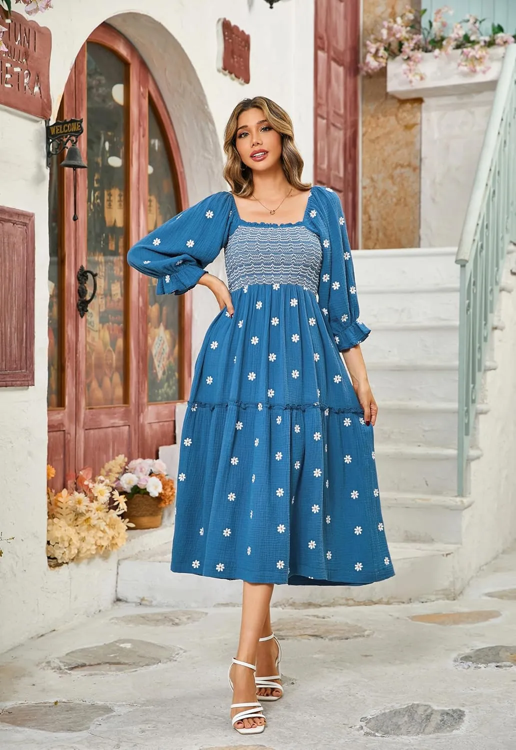 R.Vivimos Women's Long Sleeve Cotton Boho Midi Dress Vintage Square Neck Floral Embroidered Tiered Ruffle Flowy Pockets Dress