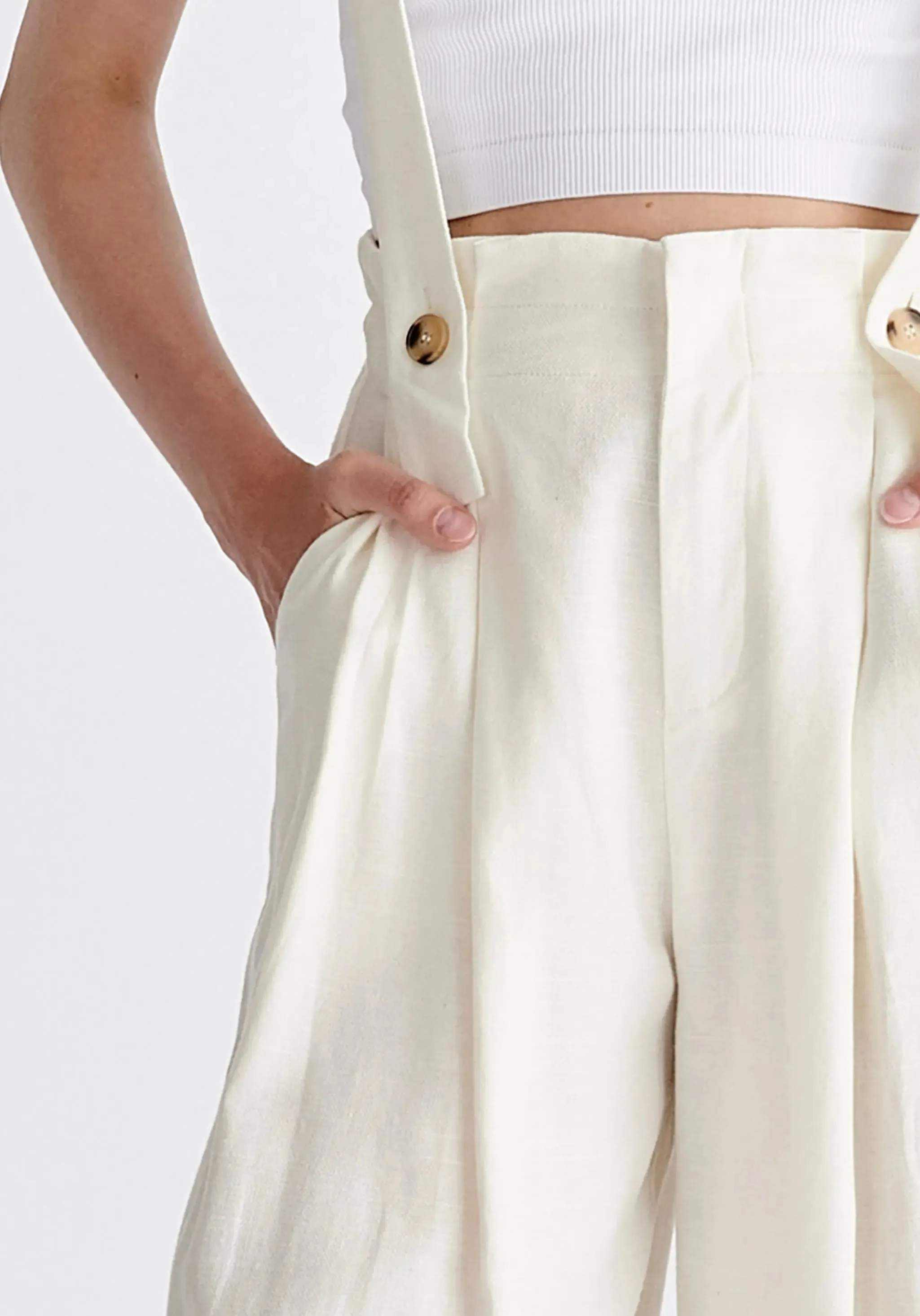 White Linen Blend Detachable Suspender Trousers