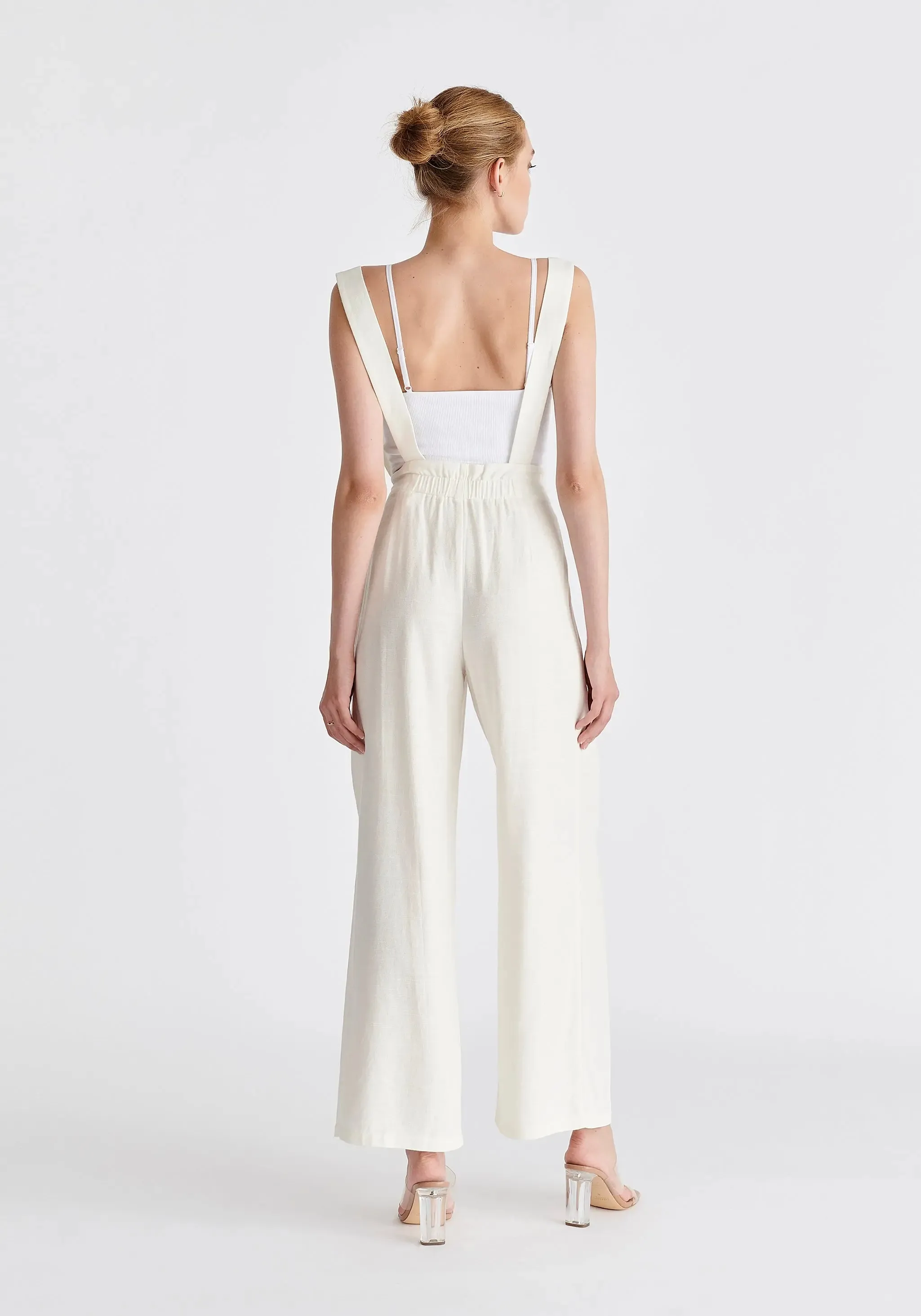 White Linen Blend Detachable Suspender Trousers