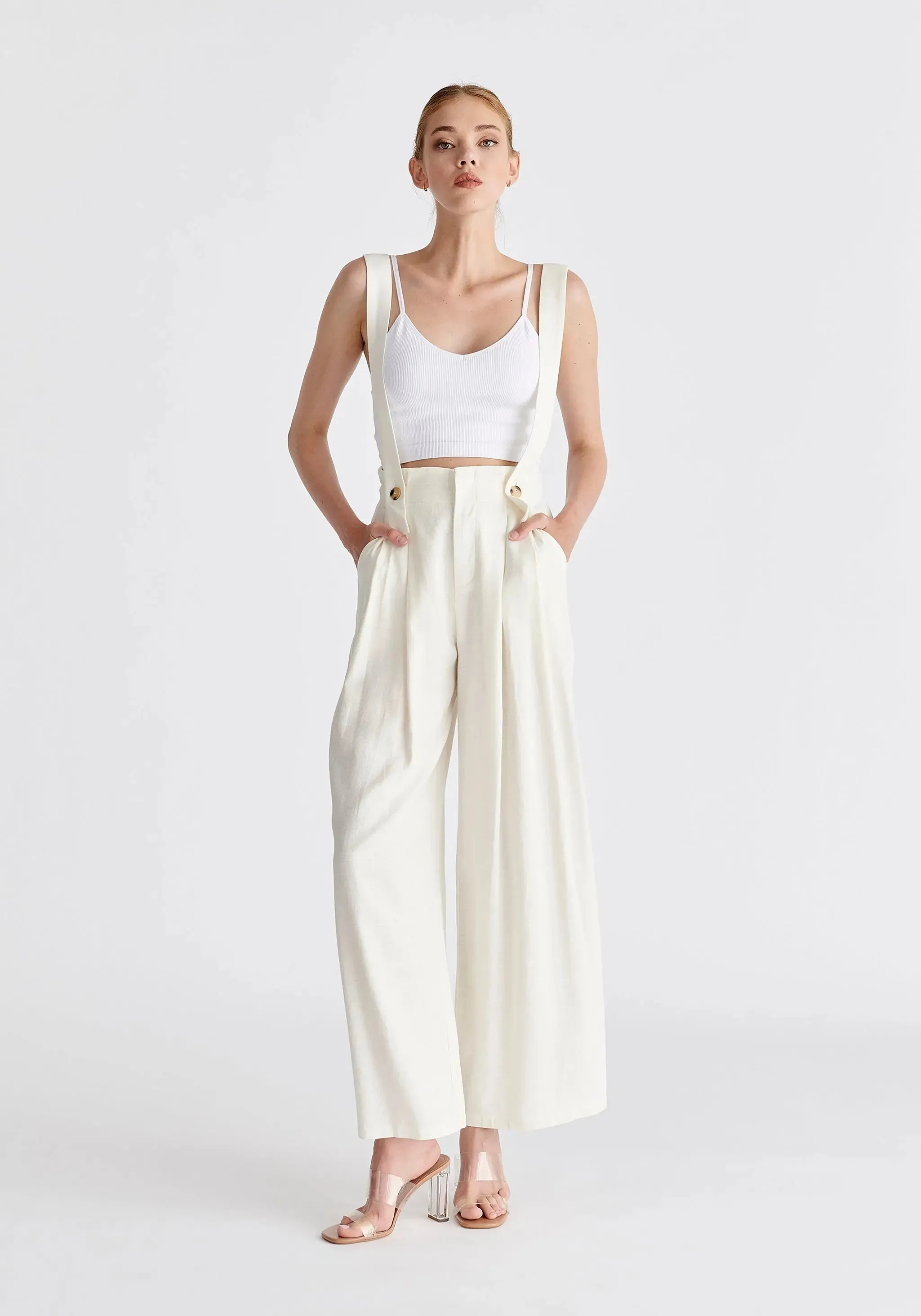 White Linen Blend Detachable Suspender Trousers