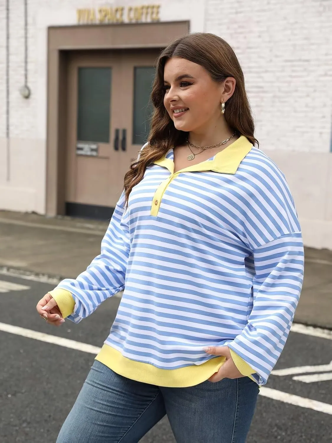 Womens Plus Size Striped Sweatshirts Long Sleeve Lapel Collared Casual Soft Pullover Tops Shirts