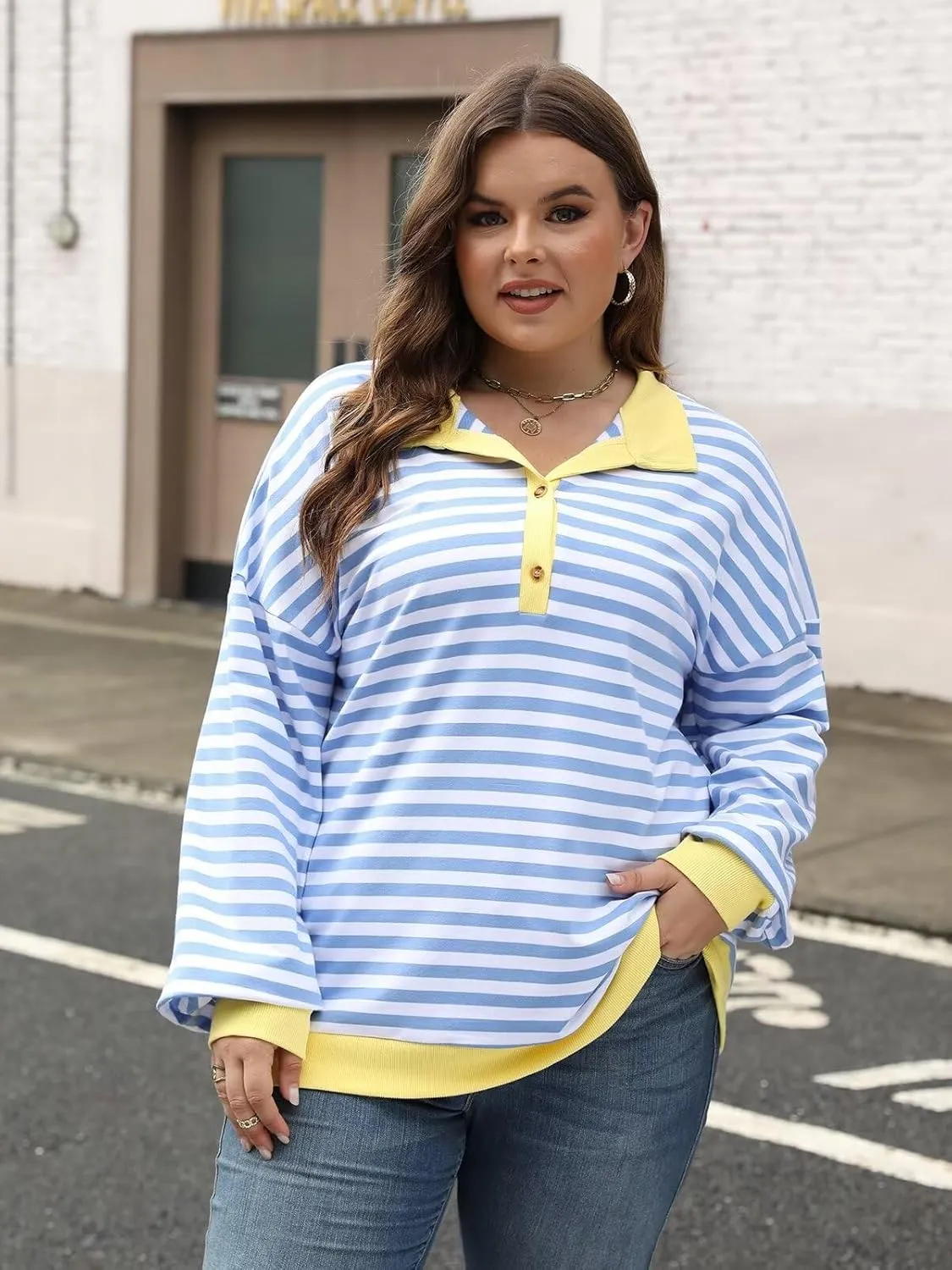 Womens Plus Size Striped Sweatshirts Long Sleeve Lapel Collared Casual Soft Pullover Tops Shirts