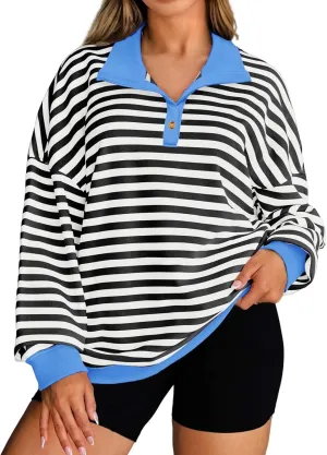 Womens Plus Size Striped Sweatshirts Long Sleeve Lapel Collared Casual Soft Pullover Tops Shirts