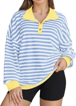 Womens Plus Size Striped Sweatshirts Long Sleeve Lapel Collared Casual Soft Pullover Tops Shirts