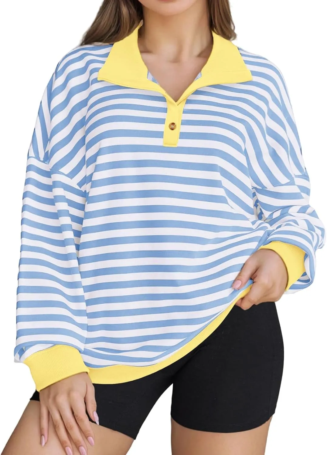 Womens Plus Size Striped Sweatshirts Long Sleeve Lapel Collared Casual Soft Pullover Tops Shirts