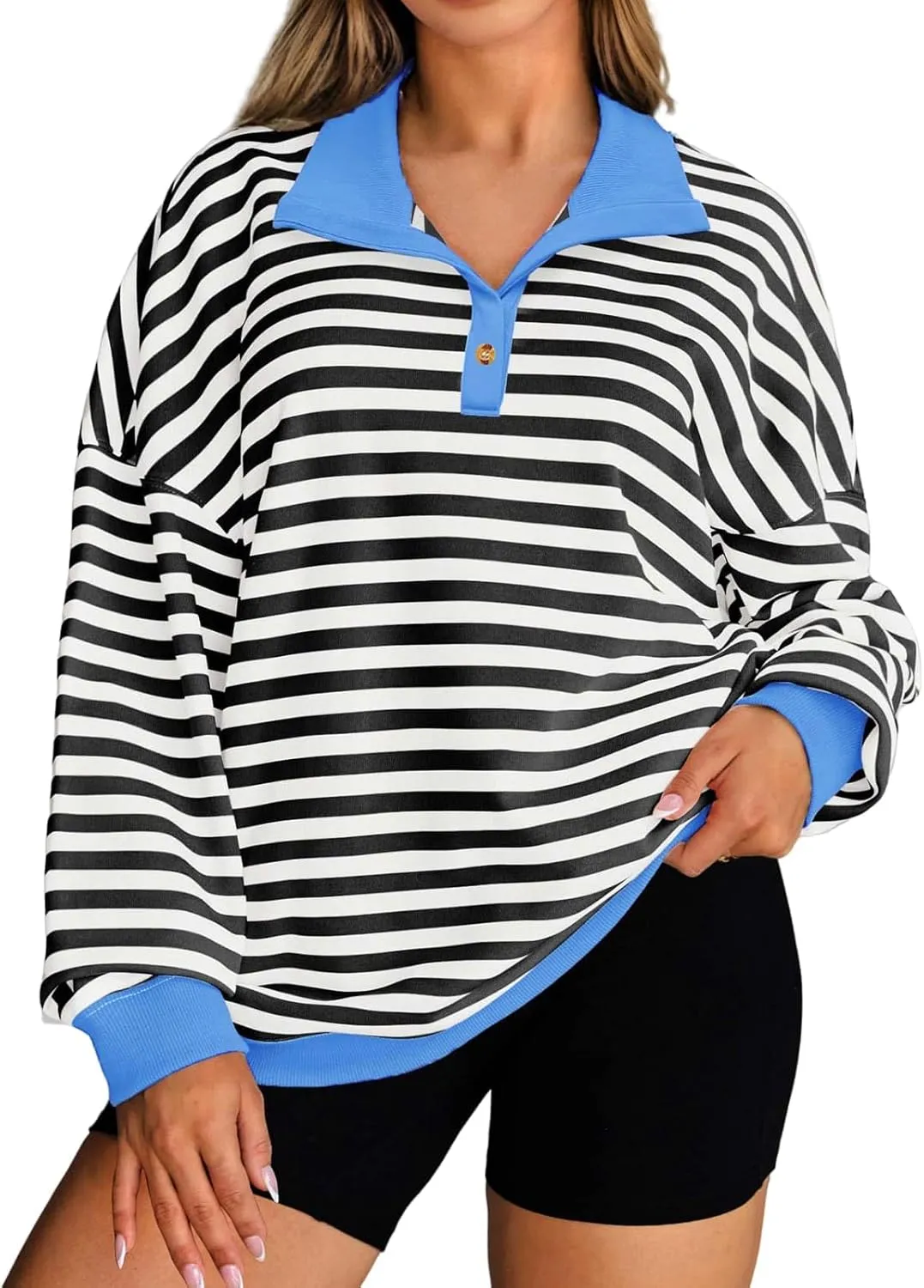 Womens Plus Size Striped Sweatshirts Long Sleeve Lapel Collared Casual Soft Pullover Tops Shirts