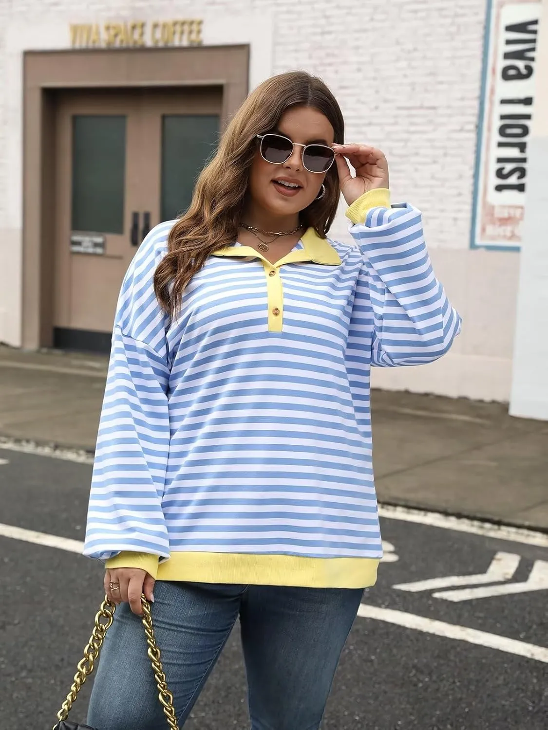 Womens Plus Size Striped Sweatshirts Long Sleeve Lapel Collared Casual Soft Pullover Tops Shirts