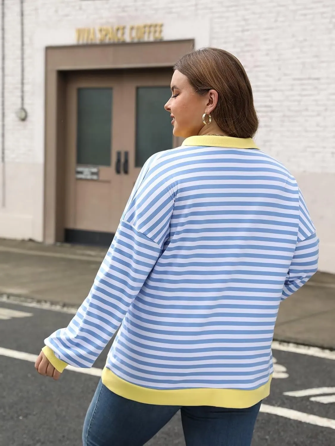 Womens Plus Size Striped Sweatshirts Long Sleeve Lapel Collared Casual Soft Pullover Tops Shirts
